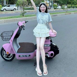 SET VÁY NỮ THỜI TRANG ÁO CHẤT THUN GÂN GẮN NƠ DỆT PHỐI CHÂN VÁY REN NHÚNG TẦNG CÓ LÓT