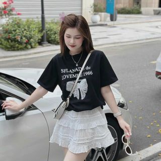 Set Bộ Đồ Nữ Áo Thun in Hình Nơ Mix Chân Váy Bèo 2 Lớp Chấm Hạt Ngọc Kèm Quần Trong