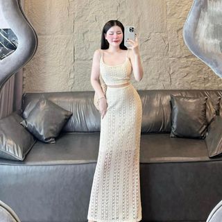 Sét váy nữ áo hai dây crop đan dây lưng mix chân váy midi dành cho các nàng diện đi biển, chụp hình siêu xinh, sexy.