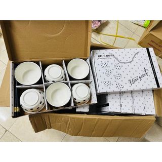 Bát Chấm Bi Trắng Đen - Bộ 6 Chén 6 Đũa (THUNG 20B)