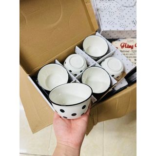 Bát Chấm Bi Trắng Đen - Bộ 6 Chén 6 Đũa (THUNG 20B)