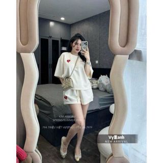SET BỘ ĐỒ NGẮN MẶC NHÀ ĐI CHƠI DẠO PHỐ CỔ TRÒN THÊU TRÁI TIM CHẤT THUN COTTON THOÁNG MÁT -HTM FASHION
