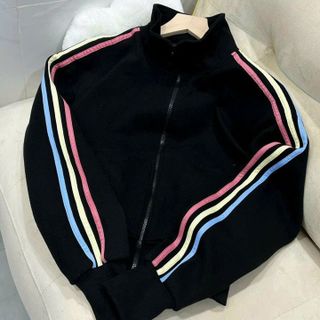 ÁO KHOÁC NỈ CROPTOP CÓ TÚI TRONG PHỐI TAY 3 SỌC CẦU VỒNG THIẾT KẾ TAY XỎ NGÓN -HTM FASHION