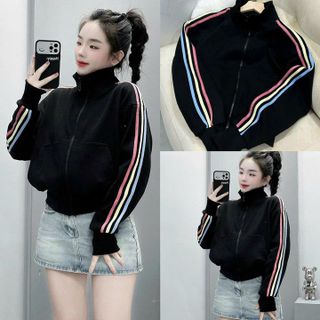 ÁO KHOÁC NỈ CROPTOP CÓ TÚI TRONG PHỐI TAY 3 SỌC CẦU VỒNG THIẾT KẾ TAY XỎ NGÓN -HTM FASHION