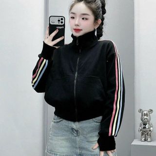 ÁO KHOÁC NỈ CROPTOP CÓ TÚI TRONG PHỐI TAY 3 SỌC CẦU VỒNG THIẾT KẾ TAY XỎ NGÓN -HTM FASHION