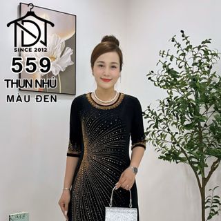 Đầm maxi trung niên dự tiệc sang trọng vải thun nhũ cao cấp đính đá, tặng mẹ co giãn tốt bigsize 80kg M559