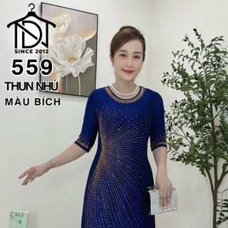 Đầm maxi trung niên dự tiệc sang trọng vải thun nhũ cao cấp đính đá, tặng mẹ co giãn tốt bigsize 80kg M559