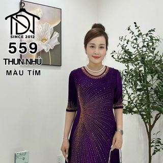 Đầm maxi trung niên dự tiệc sang trọng vải thun nhũ cao cấp đính đá, tặng mẹ co giãn tốt bigsize 80kg M559