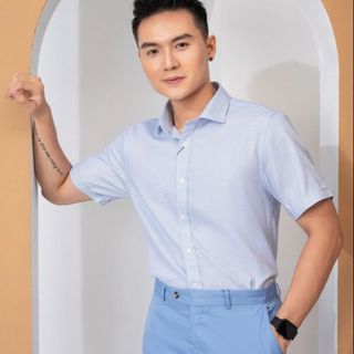 ÁO SƠ MI CỘC TAY TRẮNG CHẤM XANH ALGS-C115 - ALIGRO