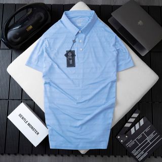 ÁO POLO GOLF NAM NGẮN TAY CHẤT VẢI COOLMAX KẺ NGANG MÀU XANH BLUE NĂNG ĐỘNG ALGPLO117- ALIGRO