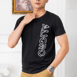 ÁO THUN NAM CHẤT LIỆU COTTON CỔ TRÒN MÀU ĐEN KIỂU DÁNG THỂ THAO THẤM HÚT TỐT CO GIÃN THOẢI MÁI ALGAPC072 - ALIGRO