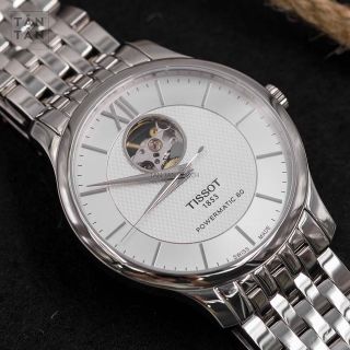 ĐỒNG HỒ NAM CƠ SIÊU CẤP TISỌT DÂY THÉP KÍNH SAPHIRE LỘ MÁY MÀU BẠC