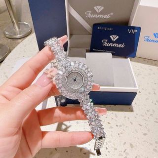 ĐỒNG HỒ NỮ CHÍNH HÃNG FUNMEI MẶT HOA BẠC FULL ĐÁ PHA LÊ ĐI KÈM TEM KÍCH HOẠT ĐIỆN TỬ BẢO HÀNH CHÍNH HÃNG