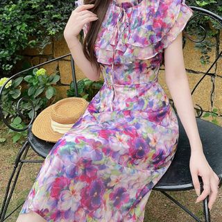 Đầm dự tiệc chất liệu voan in hoa cao cấp, mềm mại, sang trong,thanh lịch N48