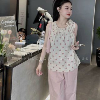 Set Bộ Đồ Nữ Áo Ba Lỗ Chấm Bi Cổ Chun Nơ Mix Quần Suông Ống Rộng Màu Hồng Dáng Dài Set Đồ Nữ Sang Chảnh Áo Sát Nách