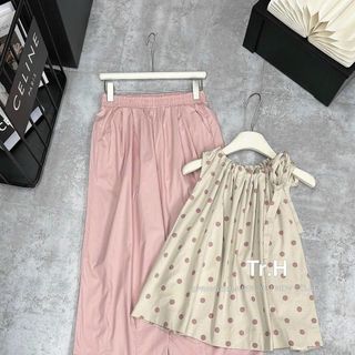 Set Bộ Đồ Nữ Áo Ba Lỗ Chấm Bi Cổ Chun Nơ Mix Quần Suông Ống Rộng Màu Hồng Dáng Dài Set Đồ Nữ Sang Chảnh Áo Sát Nách