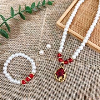 Bộ Trang Sức Vòng Cổ Bông Tai Ngọc trai nhân tạo kết hợp đá đỏ Trang Sức Quà Tặng dành cho nữ
