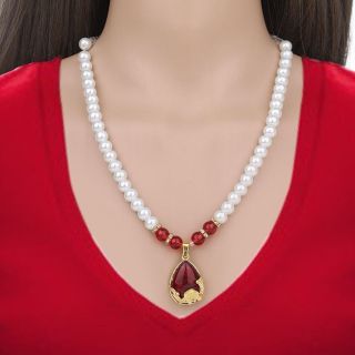 Bộ Trang Sức Vòng Cổ Bông Tai Ngọc trai nhân tạo kết hợp đá đỏ Trang Sức Quà Tặng dành cho nữ