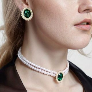 Bộ vòng cổ và bông tai ngọc trai đôi, phong cách cổ điển Pháp, sang trọng và thời trang, phù hợp cho nữ