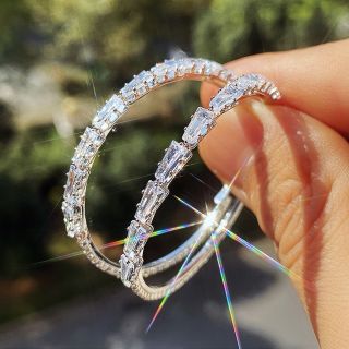 Bông Tai màu bạc Đính Đá Ziỉcon Cỡ Lớn Phong Cách Âu Mỹ Thời Trang Cho Nữ
