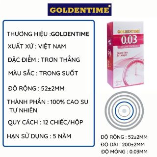 Bao cao su Goldentime 0.03 siêu mỏng chống tuột kéo dài thời gian hộp 12 bao