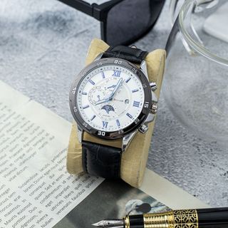 Đồng hồ nam Cafuer 277 thời trang, vỏ kim loại trắng sáng - Đồng hồ đeo tay nam sang trọng, dây da cao cấp ManYi