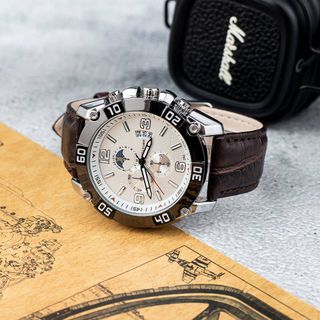 Đồng hồ nam Cafuer 292 thời trang, vỏ kim loại trắng sáng - Đồng hồ đeo tay nam sang trọng, dây da cao cấp ManYi