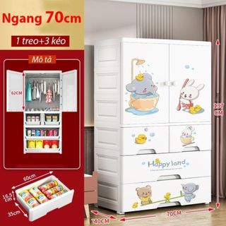 (Ngang 70cm) Tủ Nhựa Đựng Quần Áo, Tủ Đựng Đồ Đa Năng Kèm Bánh Xe, Chất Liệu Nhựa PP An Toàn, Chắc Chắn, Hoạ Tiết Xinh
