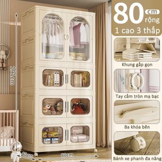 (Ngang 80cm) Tủ nhựa đựng đồ gấp gọn đa năng nhiều tầng, tủ quần áo lắp ghép có bánh xe, tháo lắp dễ dàng