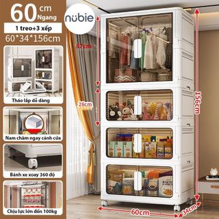 (Ngang 60cm) Tủ Đựng Đồ Gấp Gọn Đa Năng, Tủ Đựng Quần Áo Lắp Ghép Nhiều Tầng Size Lớn,Nhựa PP Bền,Bánh Xe Xoay Tiện Dụng