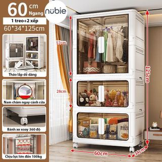 (Ngang 60cm) Tủ Đựng Đồ Gấp Gọn Đa Năng, Tủ Đựng Quần Áo Lắp Ghép Nhiều Tầng Size Lớn,Nhựa PP Bền,Bánh Xe Xoay Tiện Dụng