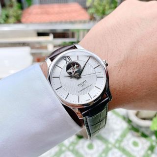 ĐỒNG HỒ NAM CƠ SIÊU CẤP TISỌT DÂY DA KÍNH SAPHIRE LỘ MÁY MẶT TRẮNG VIỀN BẠC 1