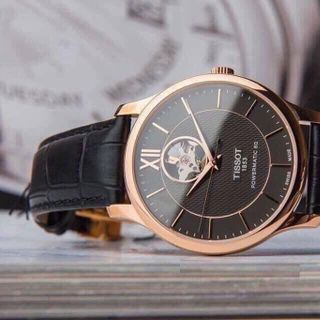 ĐỒNG HỒ NAM CƠ SIÊU CẤP TISỌT DÂY DA KÍNH SAPHIRE LỘ MÁY MẶT ĐEN VIỀN ĐỒNG 1