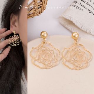 Bông tai nữ dáng thả sang chảnh khuyên tai đi tiệc cá tính hình hoa Hồng