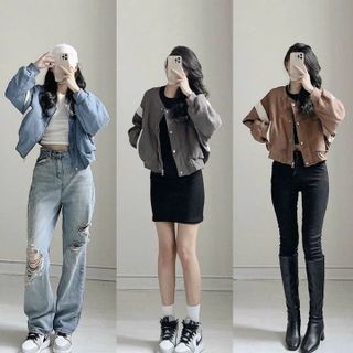 ÁO KHOÁC DA LỘN DÁNG LỬNG NỮ PHỐI KHUY BẤM THIẾT KẾ TAY SỌC TRÒN -HTM FASHION giá sỉ