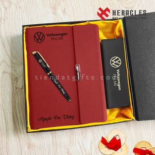 Bộ sổ tay, sổ da màu đỏ và bút ký khắc tên - Giftsets Bộ quà tặng in khắc tên, chữ, logo theo yêu cầu, quà tặng tri ân thầy cô giáo - Heraclespens