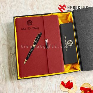 Bộ sổ tay, sổ da màu đỏ và bút ký khắc tên - Giftsets Bộ quà tặng in khắc tên, chữ, logo theo yêu cầu, quà tặng tri ân thầy cô giáo - Heraclespens
