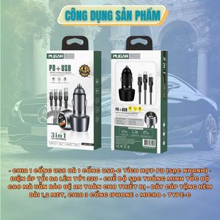 Tẩu sạc ô tô xe hơi PUGAN gồm 1 cổng USB-C tích hợp sạc nhanh và cổng USB 4.8A Tặng kèm dây sạc 3 đầu- Kim Huệ Yêu Xe