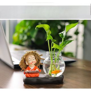 Bộ Tượng Chú Tiểu Kèm bình Thủy Sinh Trồng Cây Nuôi Cá,Trang Trí Ô Tô,Bàn Làm Việc,Tủ Sách ,Decor vv..