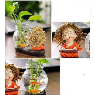 Bộ Tượng Chú Tiểu Kèm bình Thủy Sinh Trồng Cây Nuôi Cá,Trang Trí Ô Tô,Bàn Làm Việc,Tủ Sách ,Decor vv..
