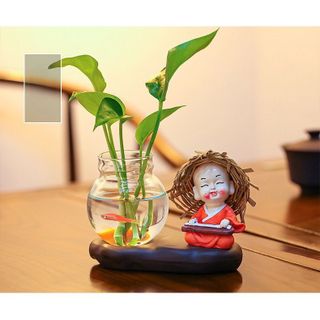Bộ Tượng Chú Tiểu Kèm bình Thủy Sinh Trồng Cây Nuôi Cá,Trang Trí Ô Tô,Bàn Làm Việc,Tủ Sách ,Decor vv..