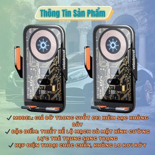 Giá Đỡ Điện Thoại Trên Ô Tô C13 Kiêm Sạc Không Dây Thiết Kế Trong Suốt Có Đèn LED Hàng Cao Cấp [Loại 1]- Kim Huệ Yêu Xe