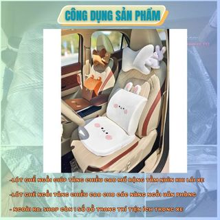 Bộ Gối Tựa Đầu,Tựa Lưng,Đệm Ghế Ô TÔ Nâng Chiều Cao Thỏ Trắng-Gấu Nâu Cao Cấp- Kim Huệ Yêu Xe