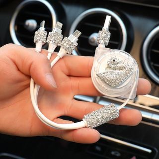 Cáp điện thoại Đính Đá Thiên Nga đa năng 3 đầu sạc dây rút 3 In 1 sạc nhanh 3A cổng - Kim Huệ Yêu Xe