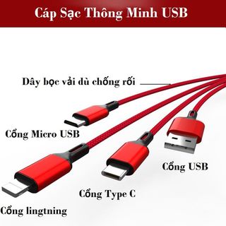 Cáp Sạc 3 Đầu Type C,,Micro USB Siêu Bền và tiện ích