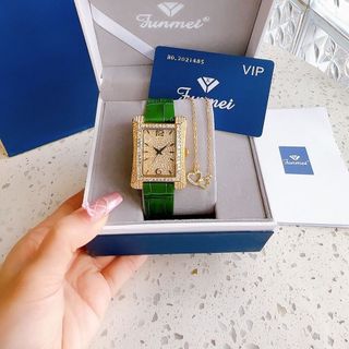 SET ĐỒNG HỒ NỮ DA CHÍNH HÃNG FUNMEI F2076 VÀ DÂY CHUYỀN KÈM TEM KÍCH HOẠT BẢO HÀNH MẶT CHỮ NHẬT VÀNG 1
