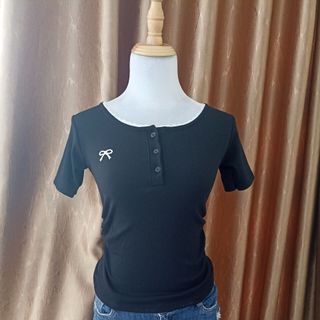 Áo tay ngắn thun nữ bozip thêu nơ cổ đính ren