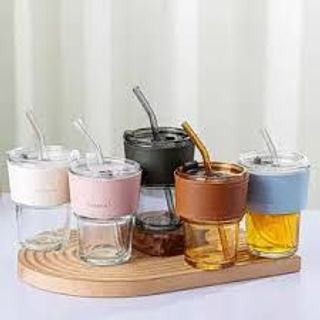 Ly thủy tinh bọc da 450ml có ống hút và dây treo - ca uống nước 420ml trong suốt có bao da cách nhiệt