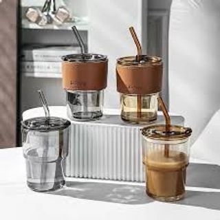 Ly thủy tinh bọc da 450ml có ống hút và dây treo - ca uống nước 420ml trong suốt có bao da cách nhiệt