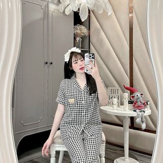 Bộ Pyjama Kẻ Xốp Loại 1 Caro Tay Cộc Quần Dài Siêu Hot